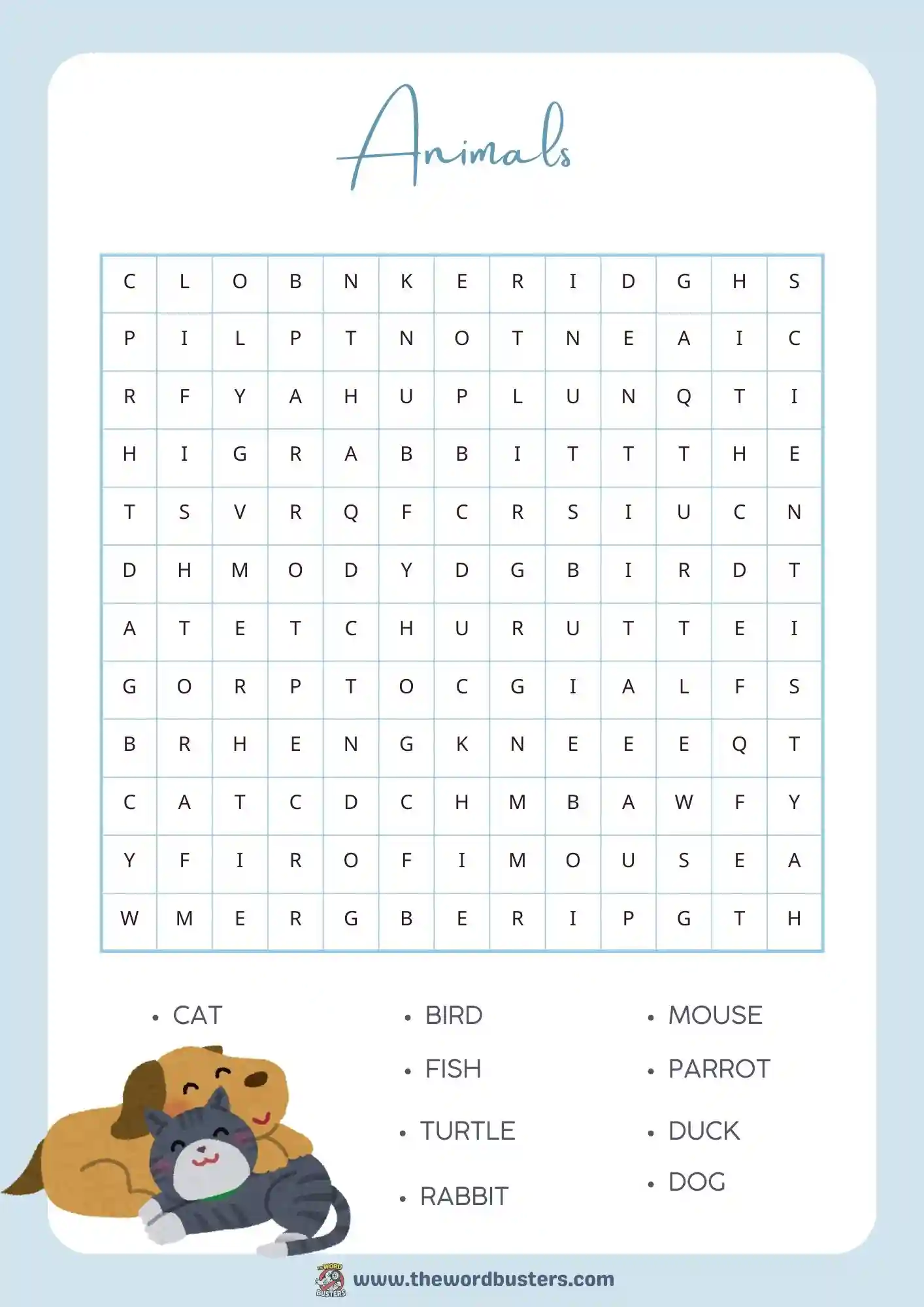 animals word search printable