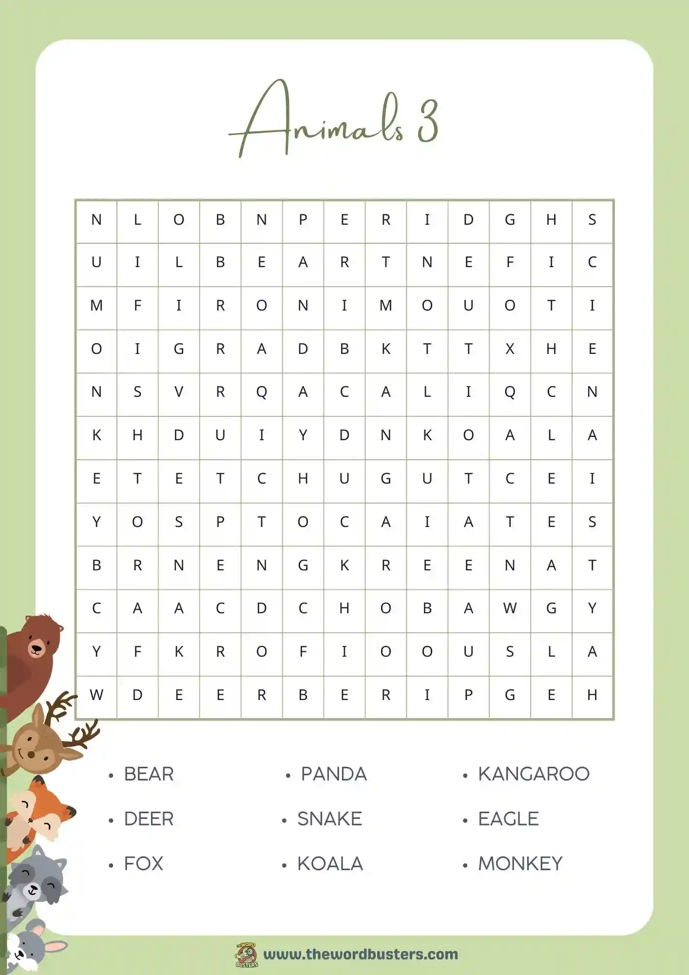printable animal word searches