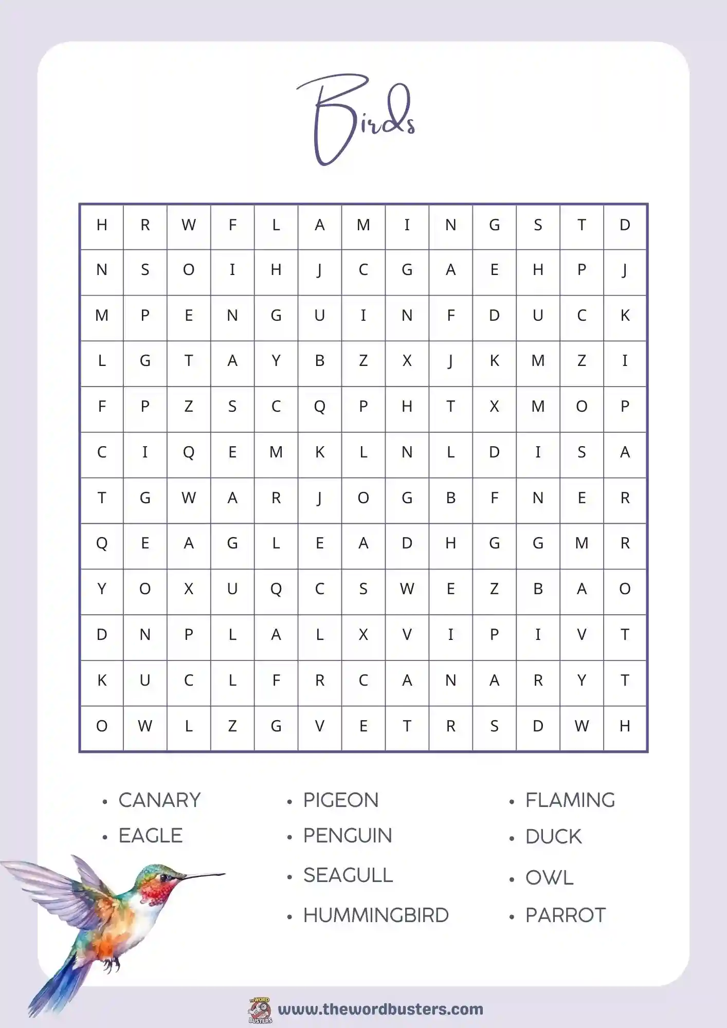 birds word search printable
