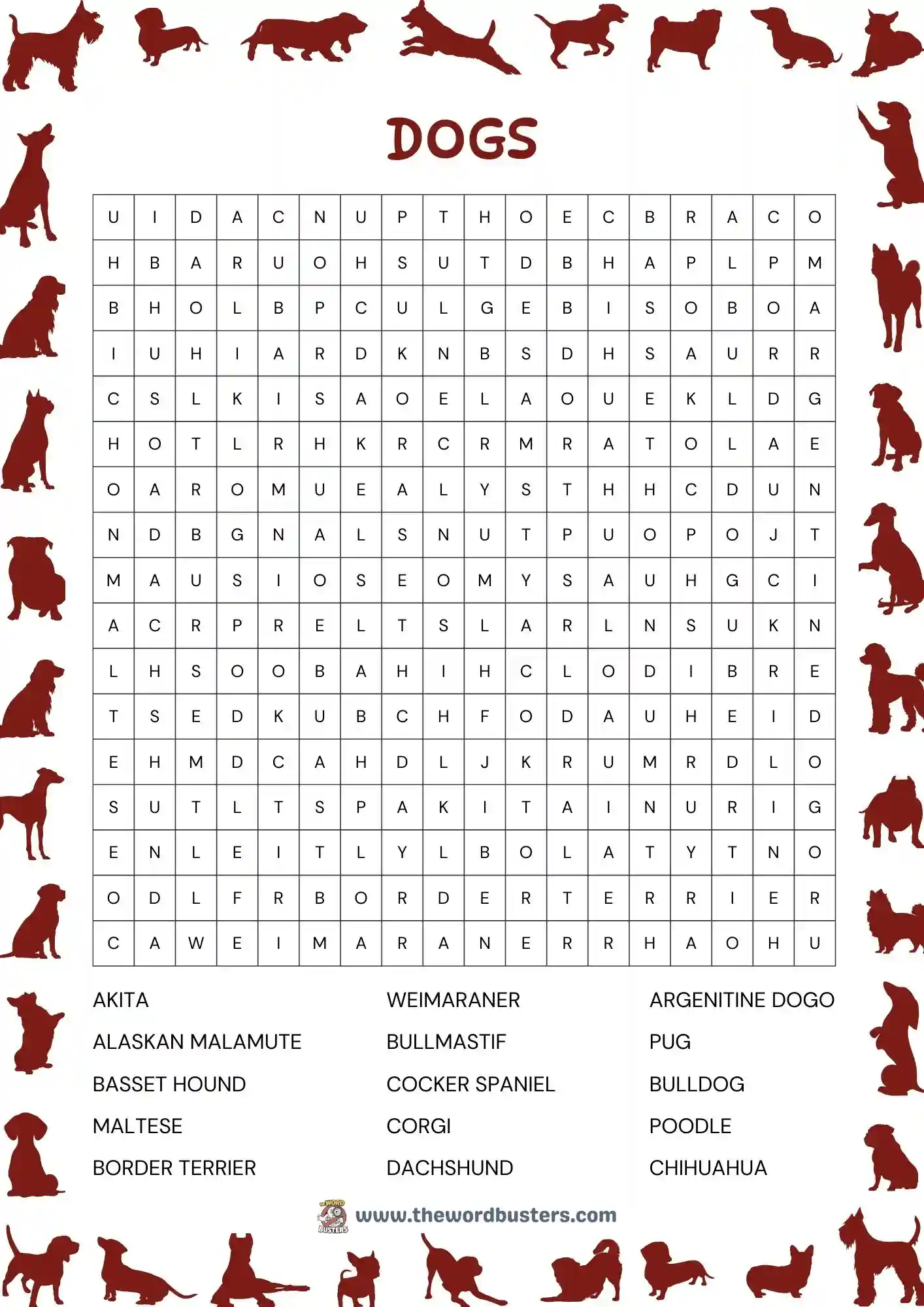 dogs breed word search printable