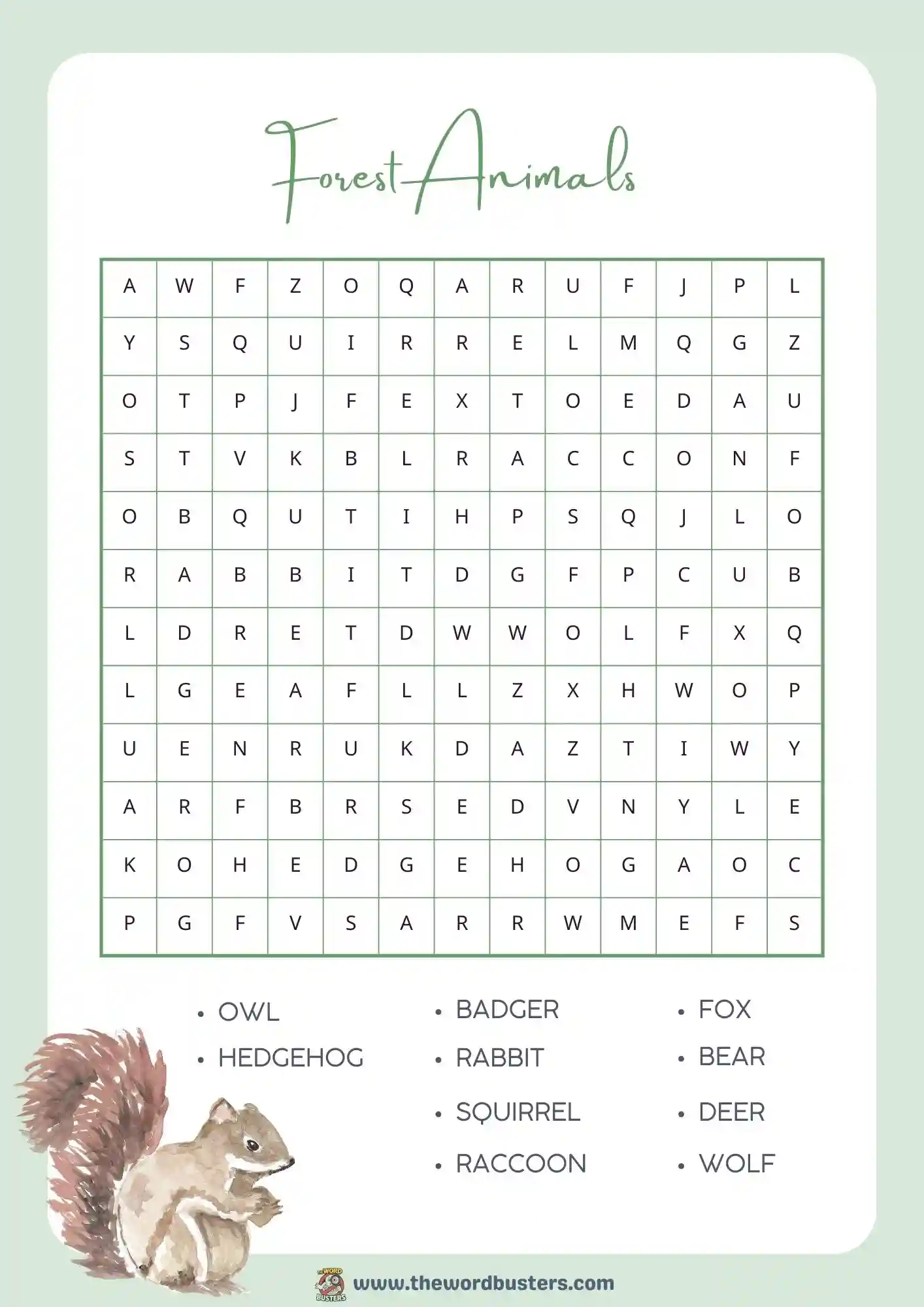 Forest Animals word search printable