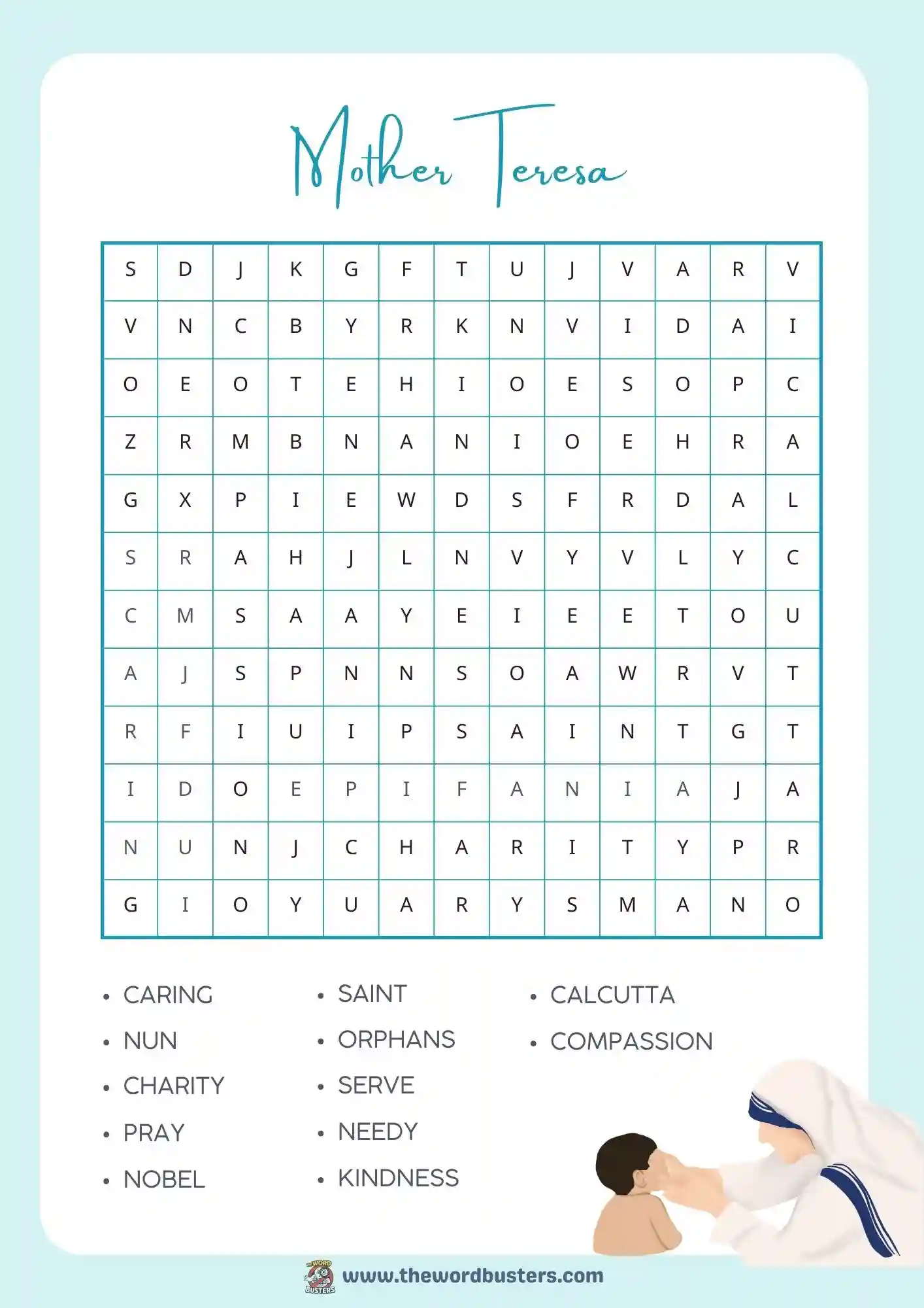 mother Teresa word search printable mother Teresa word search printable