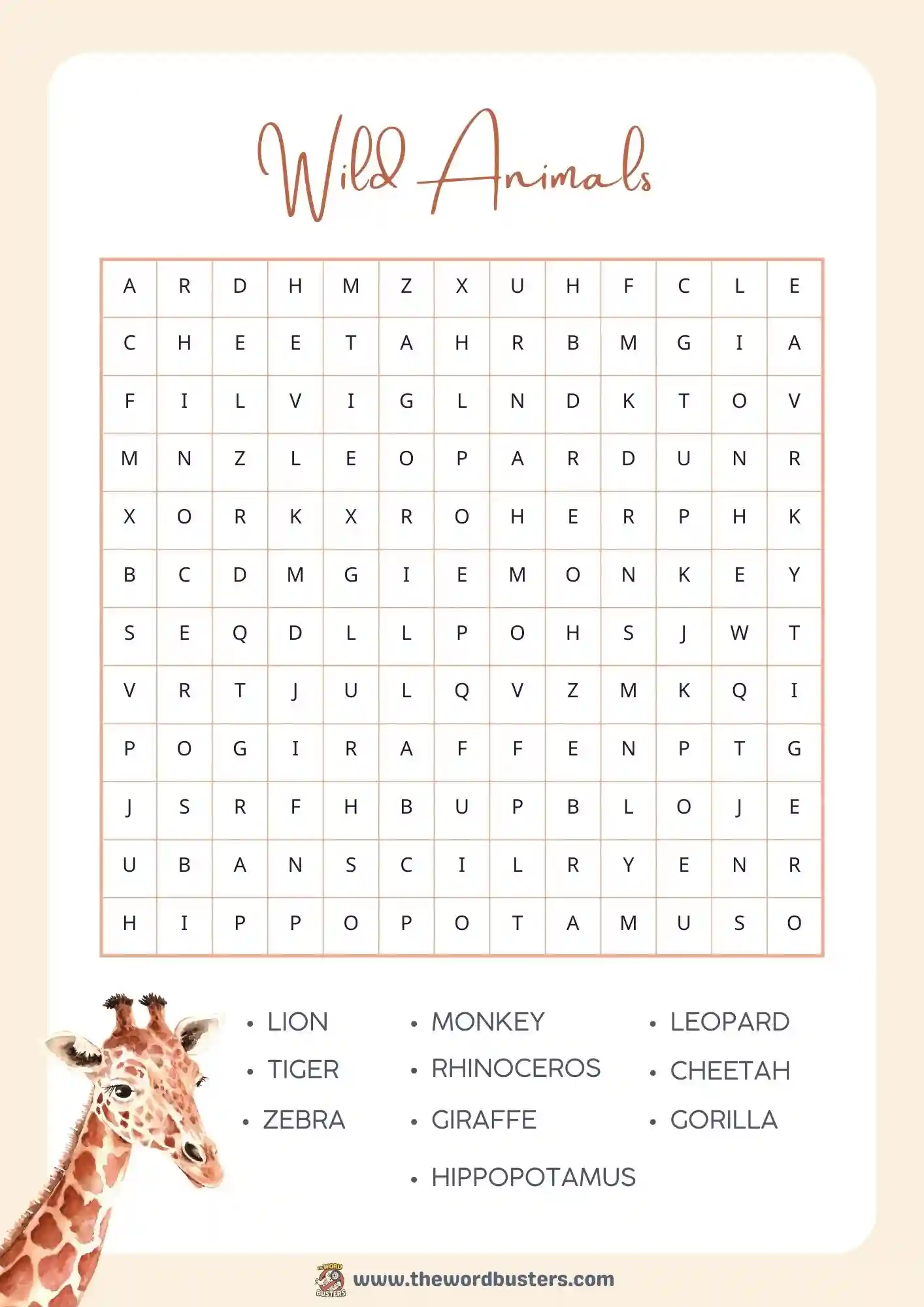 wild animals word search printable